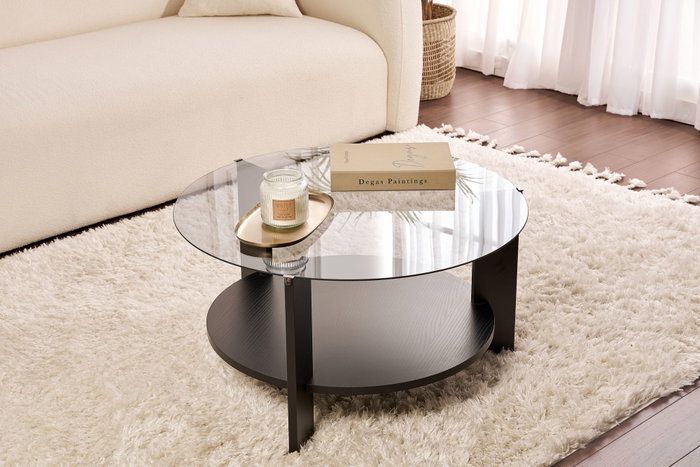 Nordure Mesa de Café Wood Black, Fume Vidrio Templado y Tablero Melamina 75x40x75cm